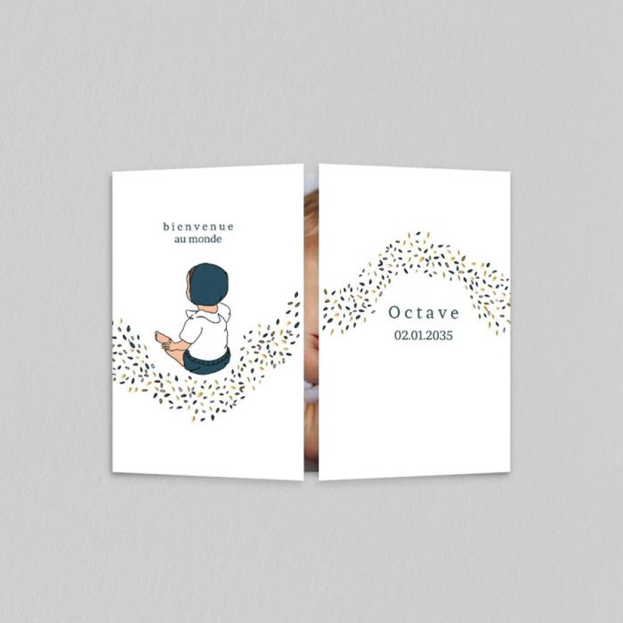 New Planet cards Faire Part Naissance Petites Feuilles Dorees